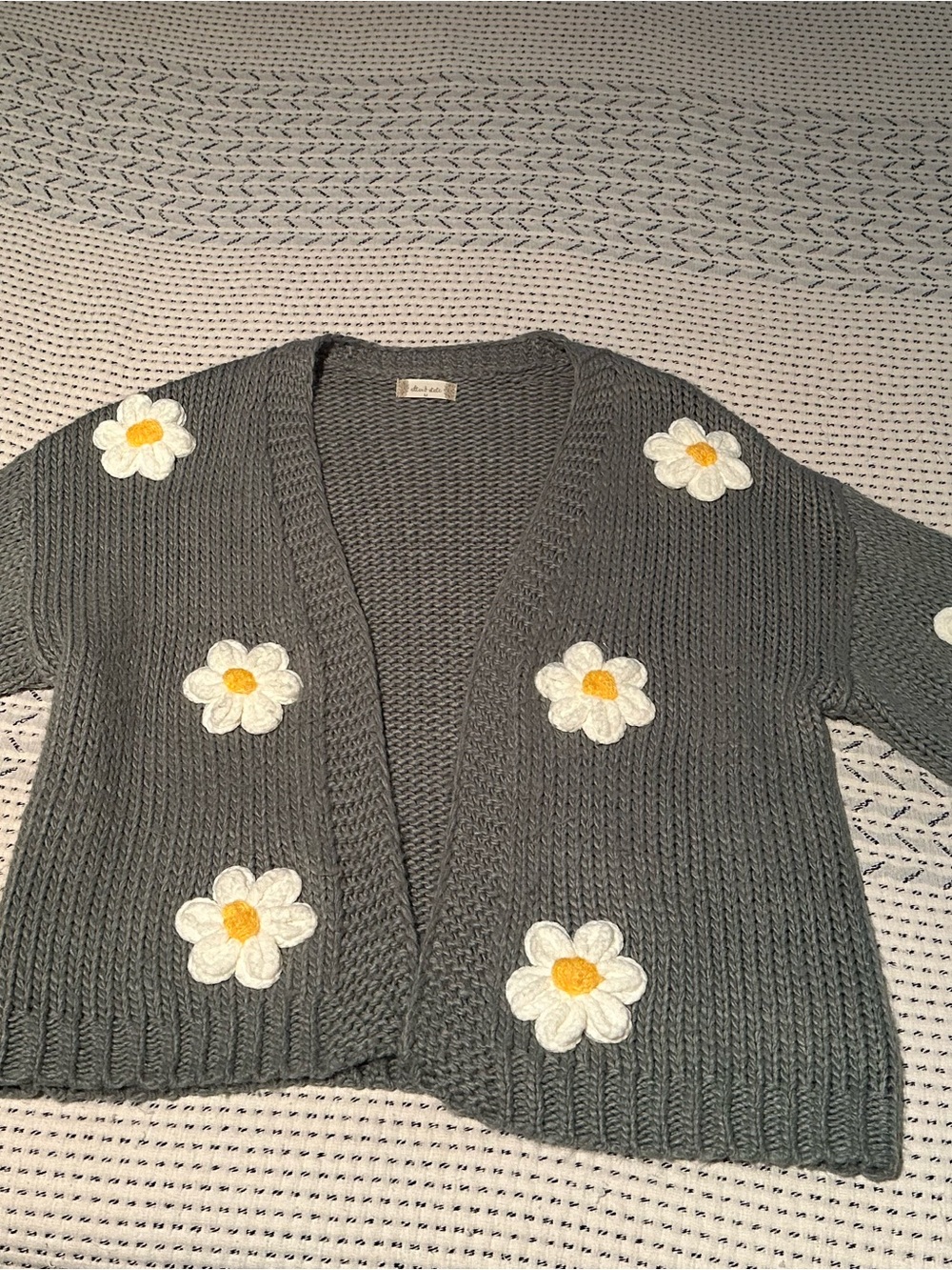 Altar'd State Gray Open Cardigan with White & Yellow Daisy Appliqués